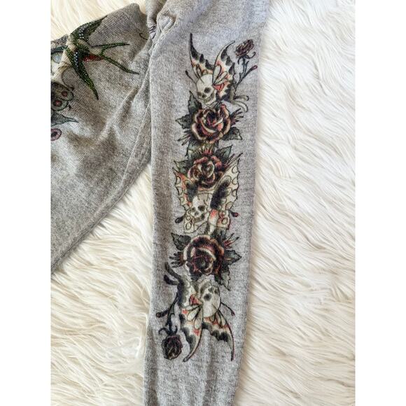 Ed Hardy Vintage Y2K Sweater by Christian Audigier Flower Bird Skull Tattoo Gray - Picture 10 of 13